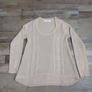 Zara Knit Sweater Womens M Beige Cable Pointelle‎ Scoop Neck High Low Pullover